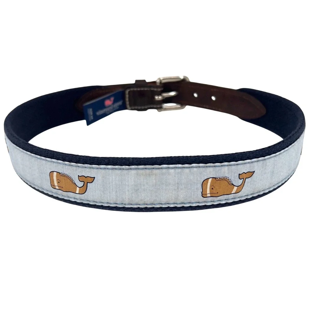 Vineyard Vines Boys 24 Football Whale Ribbon Belt Leather Navy